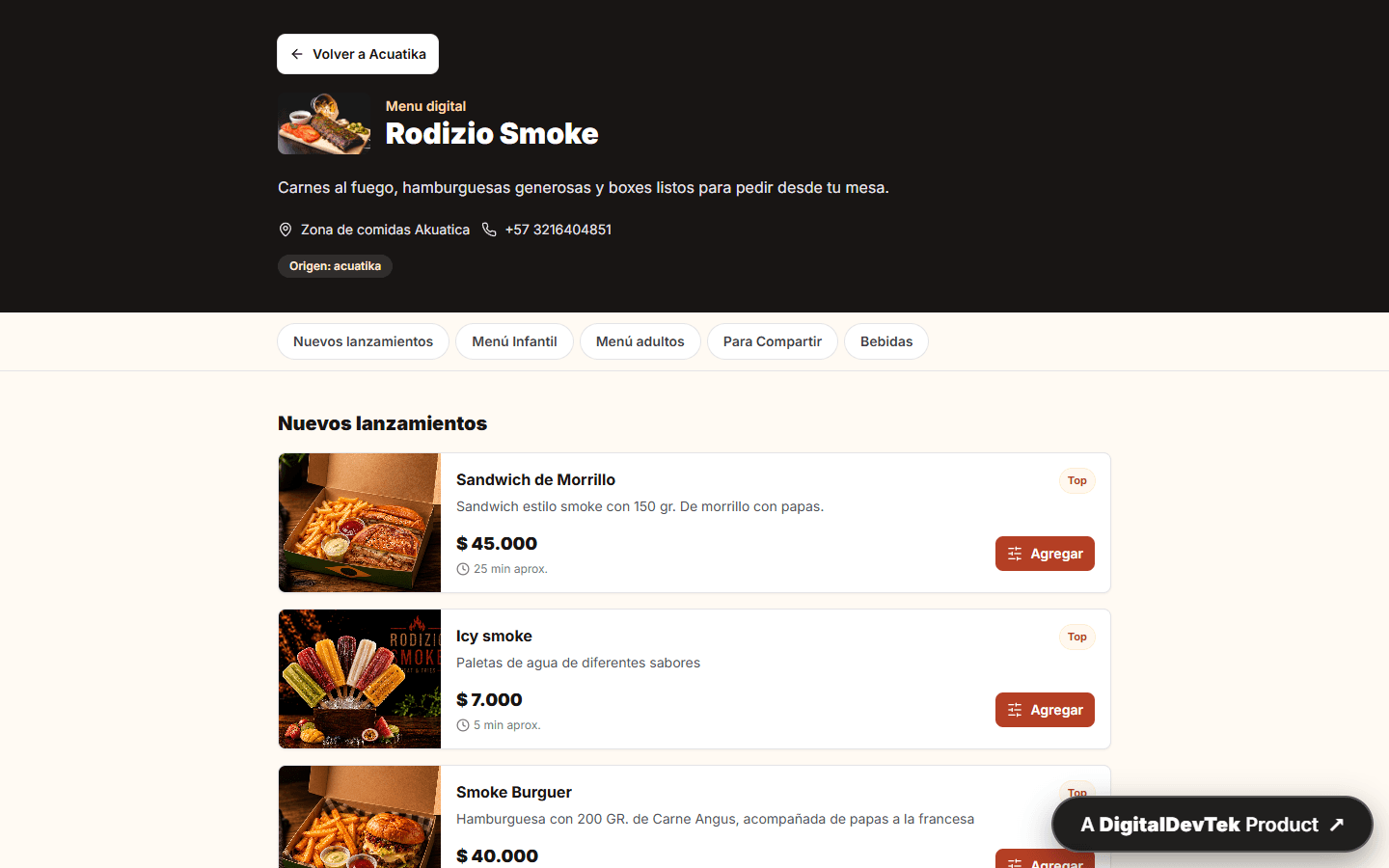 Menú y sistema de pedidos de Rodizio Smoke